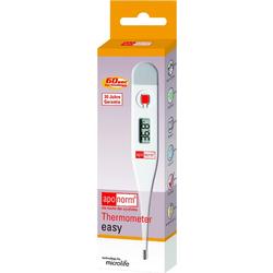 Ein Fieberthermometer in einer Verpackung mit digitalen Anzeigen und orangenem Aufdruck.