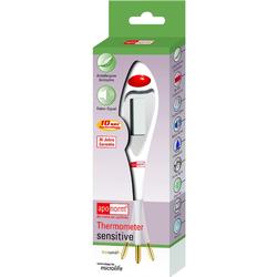 Verpackung eines digitalen Thermometers mit goldener Spitze und Fieber-Signal.