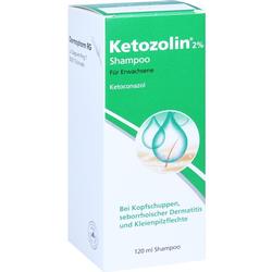 Grüne Shampoo-Verpackung mit der Aufschrift "Ketozolin 2% für Erwachsene".